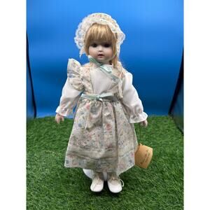 Vintage Beatrice Gifts Porcelain Collector Doll - Floral Pinafore w/ Lace Bonnet